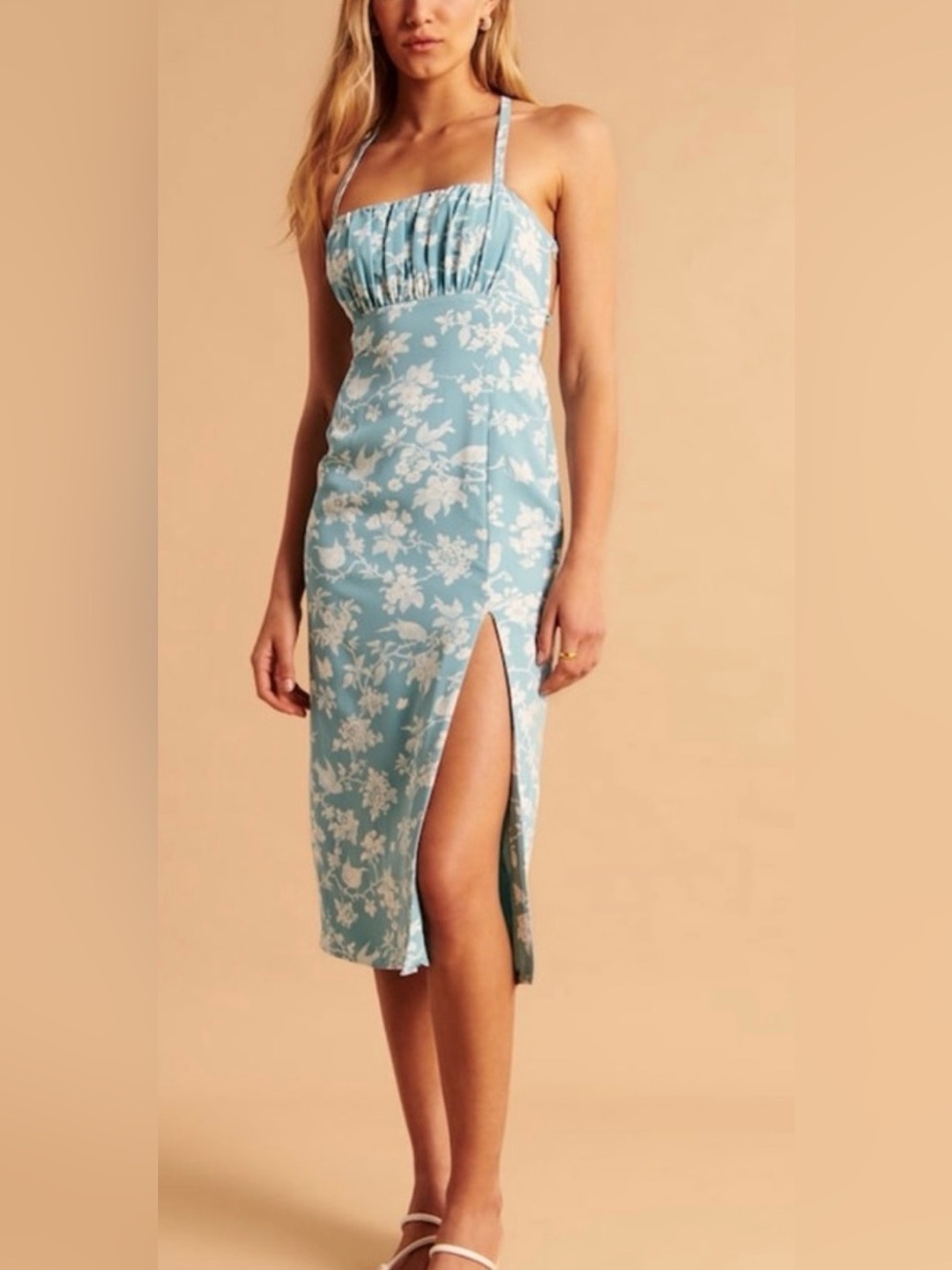 Abercrombie & Fitch blue floral ruched midi dress, small